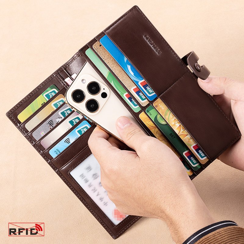 Mens RFID Leather Wallet Long Clutch