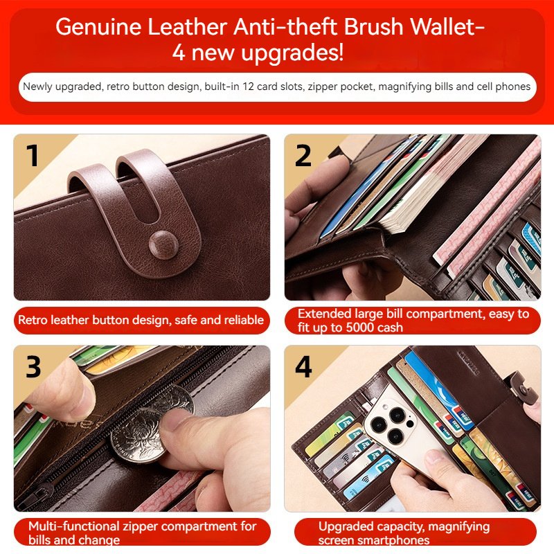Mens RFID Leather Wallet Long Clutch