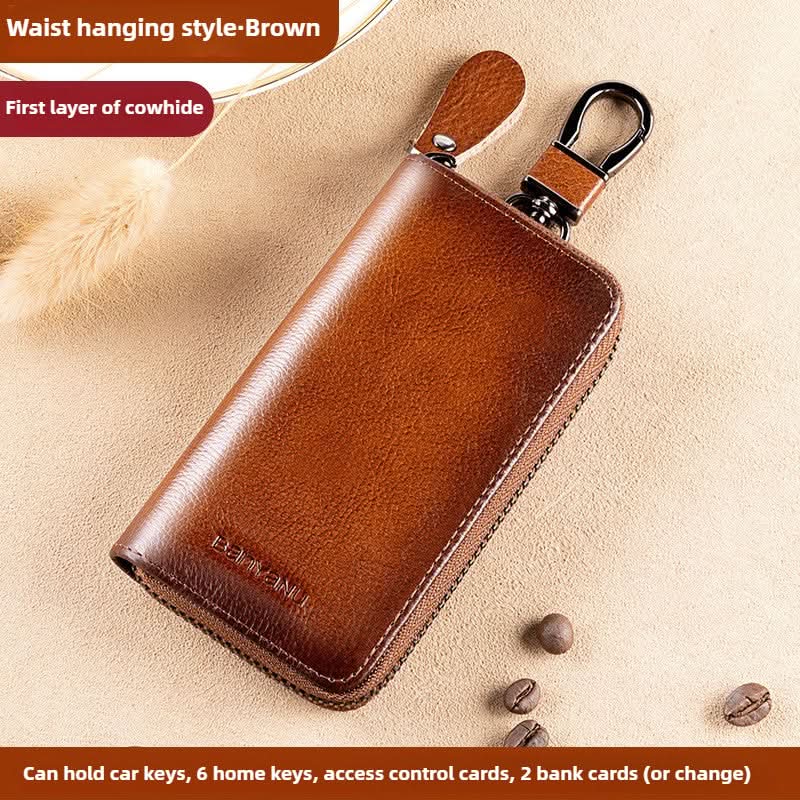 High-grade leather multifunctional large capacity cowhide men's waist hanging car key bag