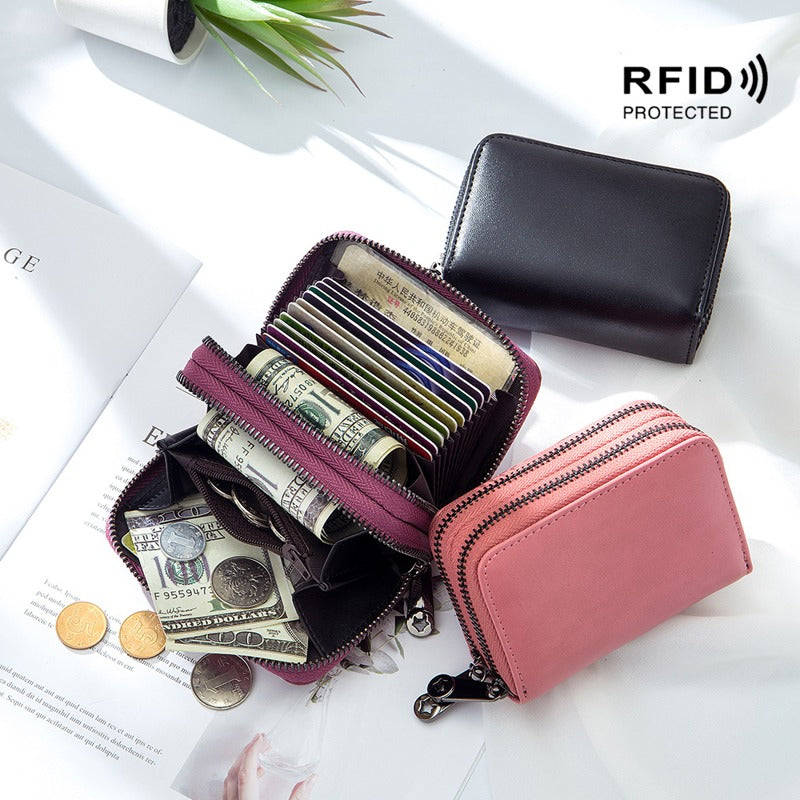 Dual Zipper RFID Leather Card Wallet