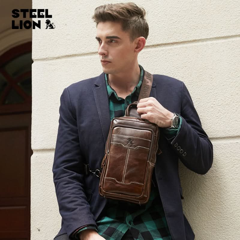 Vintage Oil Waxed Leather Fashion Men's Chest Bag Shoulder Handheld Crossbody Bag