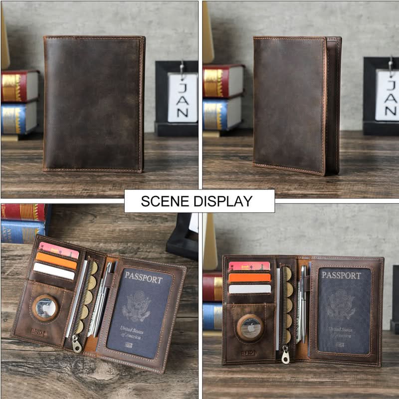 Black Angel Vintage Crazy Horse Leather RFID Anti-theft Brush ID Bag Travel Passport Bag