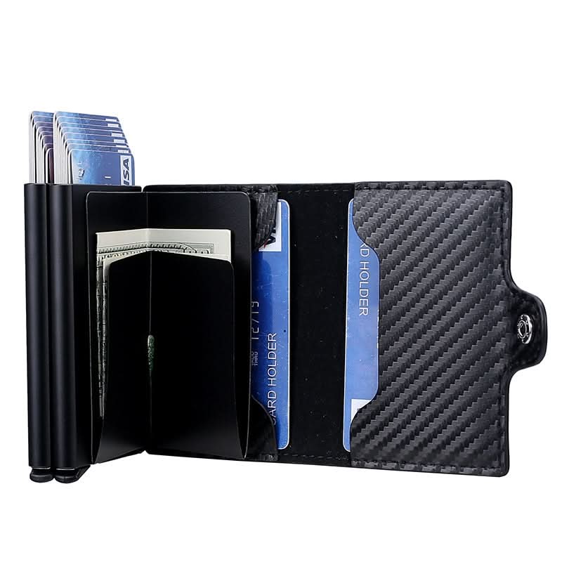Men's Double Aluminum Card Case Automatic Pop-Up Clip Carbon Fiber Pattern Wallet