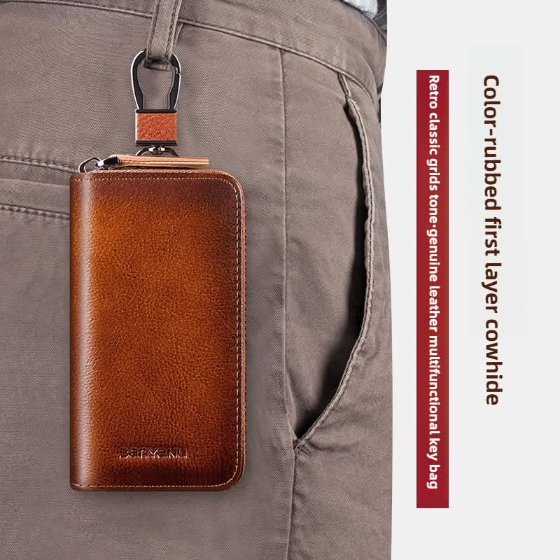High-grade leather multifunctional large capacity cowhide men's waist hanging car key bag