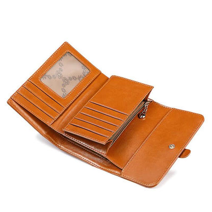 Ladies new leather anti - theft brush wallet. short tri - fold small wallet! Vintage oil wax cowhide wallet! - DOROCHEY