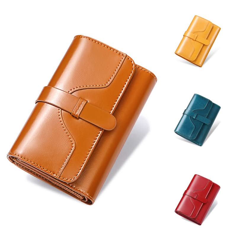 Ladies new leather anti - theft brush wallet. short tri - fold small wallet! Vintage oil wax cowhide wallet! - DOROCHEY