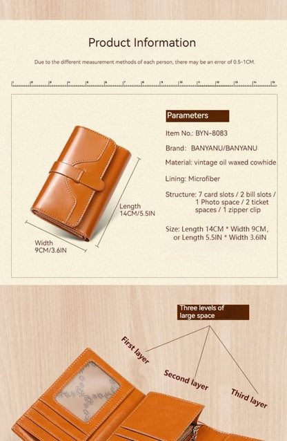 Ladies new leather anti - theft brush wallet. short tri - fold small wallet! Vintage oil wax cowhide wallet! - DOROCHEY